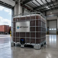 cellulase-enzyme-liquid-ibc-tote-warehouse Large IBC tote filled with dark brown liquid Cellulase Enzyme CAS 9012-54-8, positioned in a warehouse loading area with shipping containers visible, indicating export-ready bulk supply by UET Chemical.