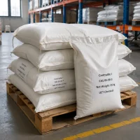 centralite-i-25kg-white-woven-bag-pallet-stock Stacked 25kg white woven bags of Centralite I (1,3-Diethyl-1,3-diphenylurea, CAS 85-98-3) on wooden pallet in warehouse, labeled UET Chemical, ready for bulk shipment