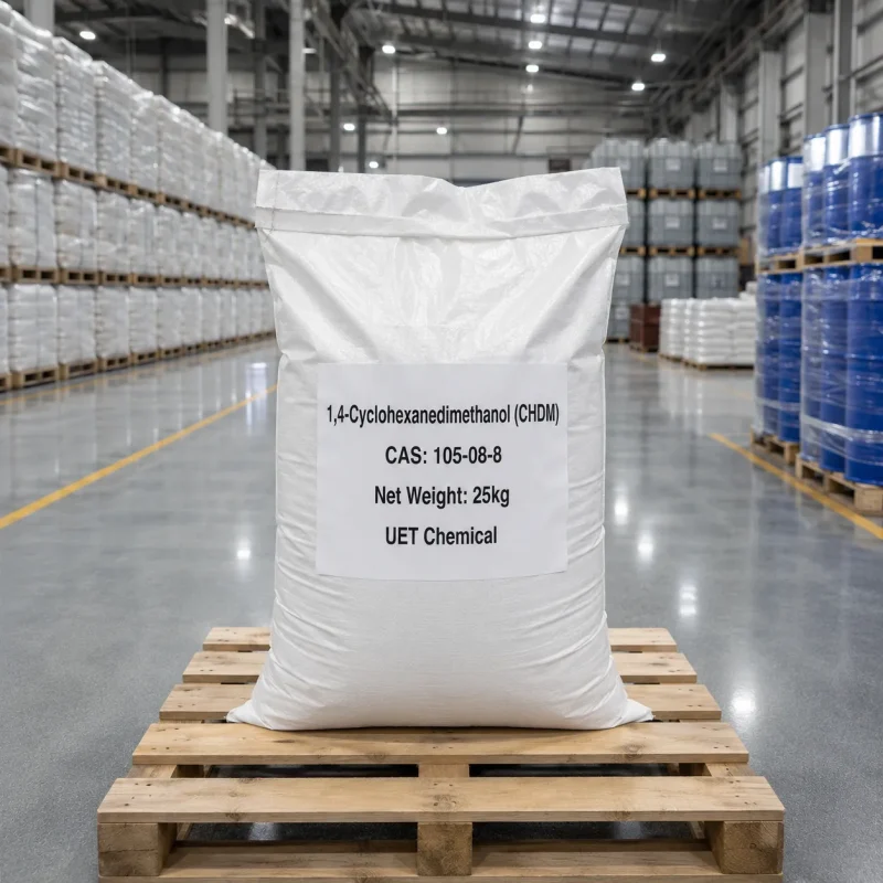 chdm-cas-105-08-8-25kg-white-woven-bag-warehouse Single 25kg white woven bag of 1,4-Cyclohexanedimethanol (CHDM) CAS 105-08-8 on a wooden pallet in a warehouse, labeled with UET Chemical branding and net weight.