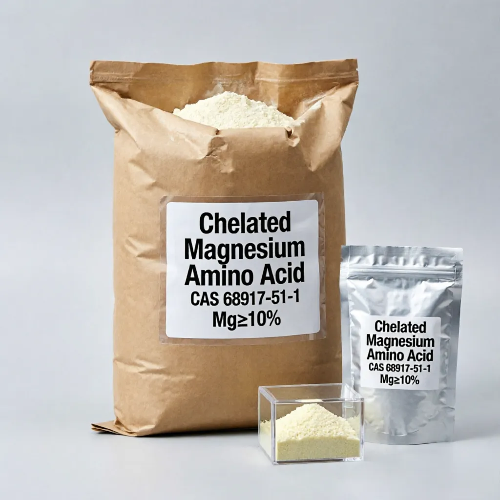 Bulk kraft paper bag and aluminum foil sample pouch of Chelated Magnesium Amino Acid CAS 68917-51-1 with Mg≥10% content label, highlighting commercial-grade packaging and convenient sample testing options.