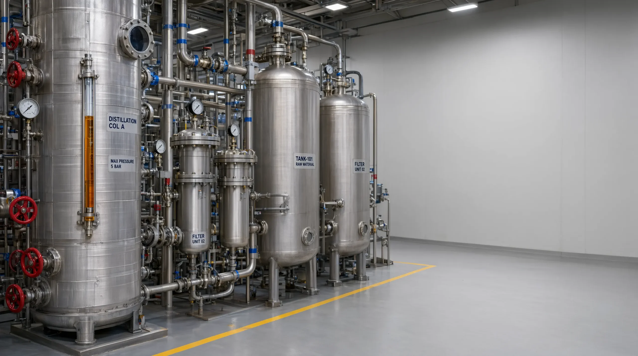 Industrial liquid processing equipment including tall stainless steel distillation columns and filtration units for high-purity chemical manufacturing.