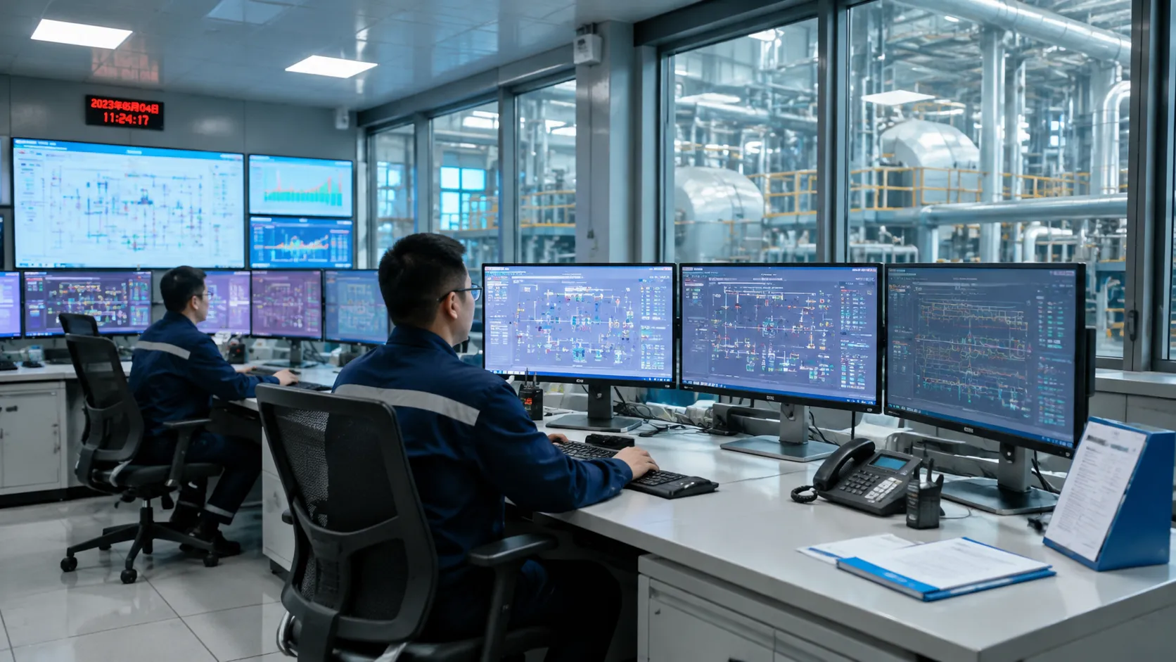 Operators monitoring real-time production data and equipment status on multiple screens in the UET Chemical central control room.