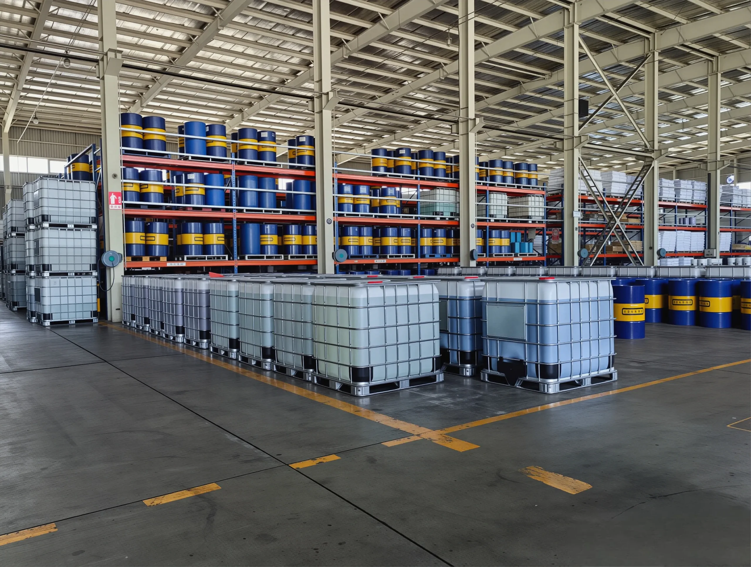 Chemical raw materials warehouse with blue steel drums on pallet racking and IBC totes in bulk storage at UETChem