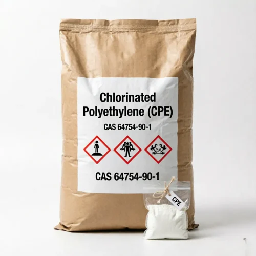 A standard 25kg industrial kraft paper bag of our Chlorinated Polyethylene (CPE), prominently displaying the GHS hazard pictograms for safe handling and transportation. A small, neatly tied sample sachet sits beside it, letting quality control teams verify the white powder material before placing larger bulk orders.