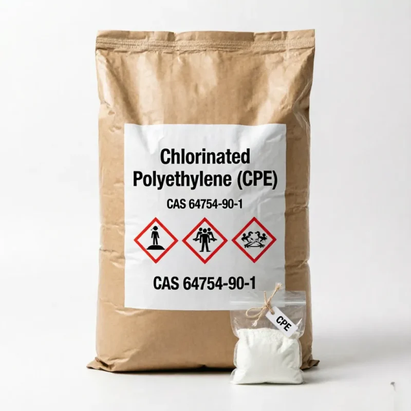 chlorinated-polyethylene-cpe-25kg-kraft-bag-ghs-labels A standard 25kg industrial kraft paper bag of our Chlorinated Polyethylene (CPE), prominently displaying the GHS hazard pictograms for safe handling and transportation. A small, neatly tied sample sachet sits beside it, letting quality control teams verify the white powder material before placing larger bulk orders.