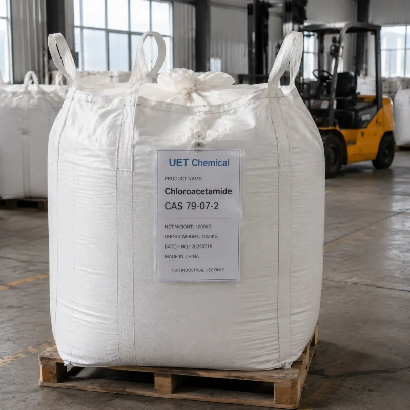 chloroacetamide-cas-79-07-2-1000kg-jumbo-bag-fibc 1000 kg jumbo bag of Chloroacetamide (CAS 79-07-2) on a pallet in UET Chemical warehouse with batch label