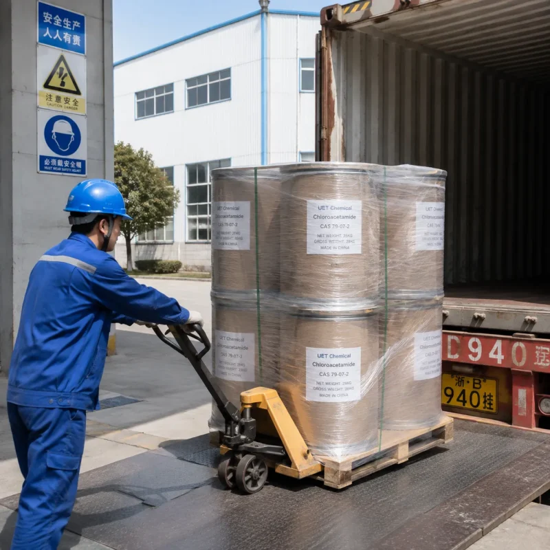 chloroacetamide-cas-79-07-2-25kg-drums-container-loading Worker moving shrink-wrapped 25 kg Chloroacetamide (CAS 79-07-2) drums on a pallet jack toward an export container