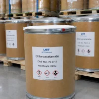 chloroacetamide-cas-79-07-2-25kg-fiber-drum-ghs-label 25 kg fiber drum of Chloroacetamide (CAS 79-07-2) with GHS07, GHS05 and GHS08 hazard pictograms in UET Chemical warehouse