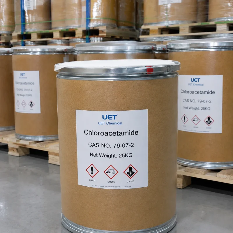 chloroacetamide-cas-79-07-2-25kg-fiber-drum-ghs-label 25 kg fiber drum of Chloroacetamide (CAS 79-07-2) with GHS07, GHS05 and GHS08 hazard pictograms in UET Chemical warehouse