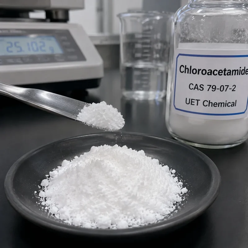 chloroacetamide-cas-79-07-2-white-crystalline-powder-sample White crystalline Chloroacetamide powder (CAS 79-07-2) on a spatula beside a UET Chemical sample bottle, balance in background