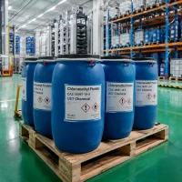 Multiple blue plastic drums of Chloromethyl Pivalate CAS 18997-19-8 on a wooden pallet in a warehouse, labels showing UET Chemical branding and GHS hazard symbols.