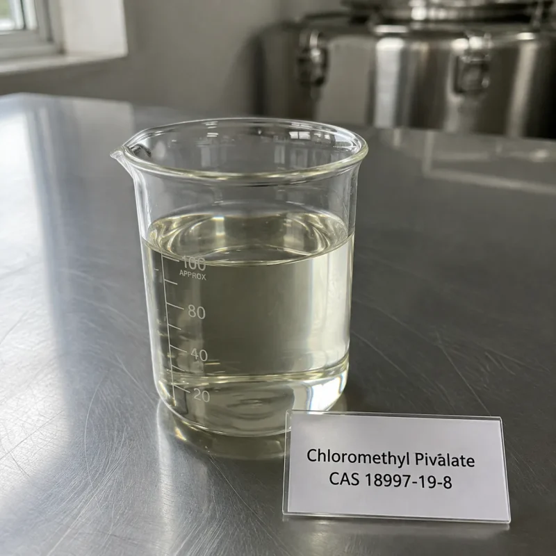 Clear liquid sample of Chloromethyl Pivalate CAS 18997-19-8 in a transparent glass beaker on a metal lab bench, next to a label card showing product name and CAS number.