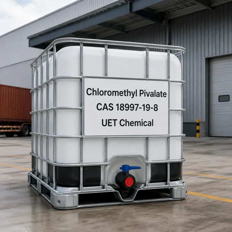 White IBC tote of Chloromethyl Pivalate CAS 18997-19-8 with metal cage and discharge valve outside factory, label showing UET Chemical branding.
