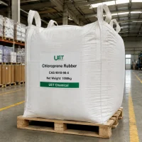 chloroprene-rubber-cas-9010-98-4-1000kg-white-fibc-bulk-bag Single 1000kg white FIBC bulk bag of Chloroprene Rubber CAS 9010-98-4 on wooden pallet in warehouse, labeled with UET Chemical branding and net weight details.