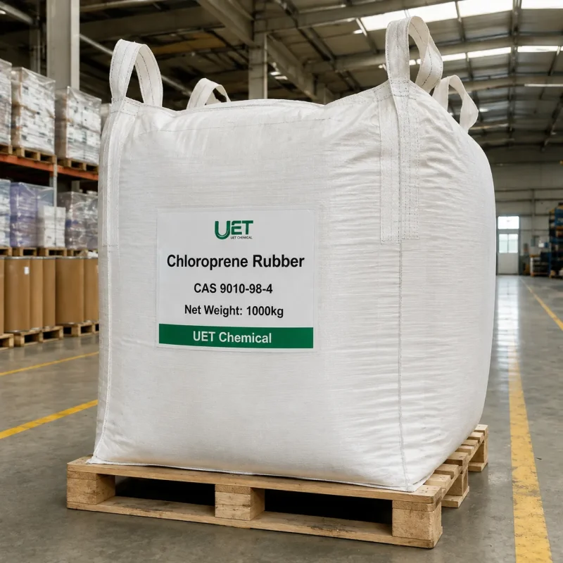 chloroprene-rubber-cas-9010-98-4-1000kg-white-fibc-bulk-bag Single 1000kg white FIBC bulk bag of Chloroprene Rubber CAS 9010-98-4 on wooden pallet in warehouse, labeled with UET Chemical branding and net weight details.