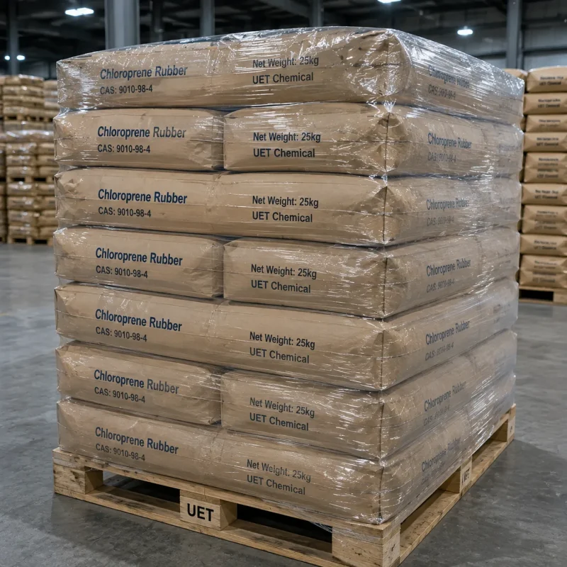chloroprene-rubber-cas-9010-98-4-25kg-paper-bag-pallet-shrink-wrap Stack of 25kg paper bags of Chloroprene Rubber CAS 9010-98-4 on wooden pallet, shrink-wrapped for stability, labeled with UET Chemical branding in warehouse setting.