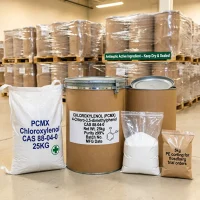 chloroxylenol-pcmx-cas-88-04-0-25kg-fiber-drum-bag-sample-packaging Flexible packaging options for Chloroxylenol PCMX CAS 88-04-0: featuring a 25kg fiber drum with ≥99% purity label and chemical structure, a white woven bag, and sample pouches for trial orders, stored in a sealed and dry environment to protect the active ingredient.