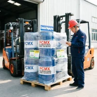 chloroxylenol-pcmx-cas-88-04-0-chemical-shipping-area-container-loading Chinese warehouse worker checking shipping documents next to a pallet of wrapped blue drums of Chloroxylenol PCMX CAS 88-04-0 at the chemical shipping area, with forklifts ready for bulk container loading and safe international export.