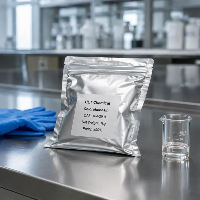 chlorphenesin-1kg-foil-bag-sample-cas-104-29-0 1kg aluminum foil bag of chlorphenesin CAS 104-29-0, 99% min purity, on lab bench with nitrile gloves and beaker