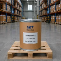 chlorphenesin-25kg-fiber-drum-warehouse-cas-104-29-0 25kg fiber drum of chlorphenesin CAS 104-29-0 by UET Chemical on pallet in warehouse aisle with racked stock