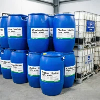 choline-chloride-liquid-67-48-1-bulk-drums-warehouse-storage Bulk blue drums and IBC totes of choline chloride liquid CAS 67-48-1 stacked in warehouse for wholesale supply