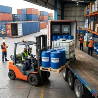choline-chloride-liquid-67-48-1-loading-export-container-shipping Forklift loading choline chloride liquid drums and IBC tote onto truck for export container shipping