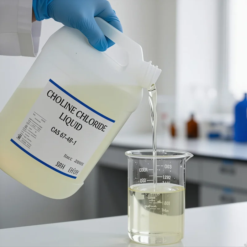 choline-chloride-liquid-67-48-1-pale-yellow-sample-lab Pale yellow transparent choline chloride liquid CAS 67-48-1 poured into beaker showing product purity and appearance