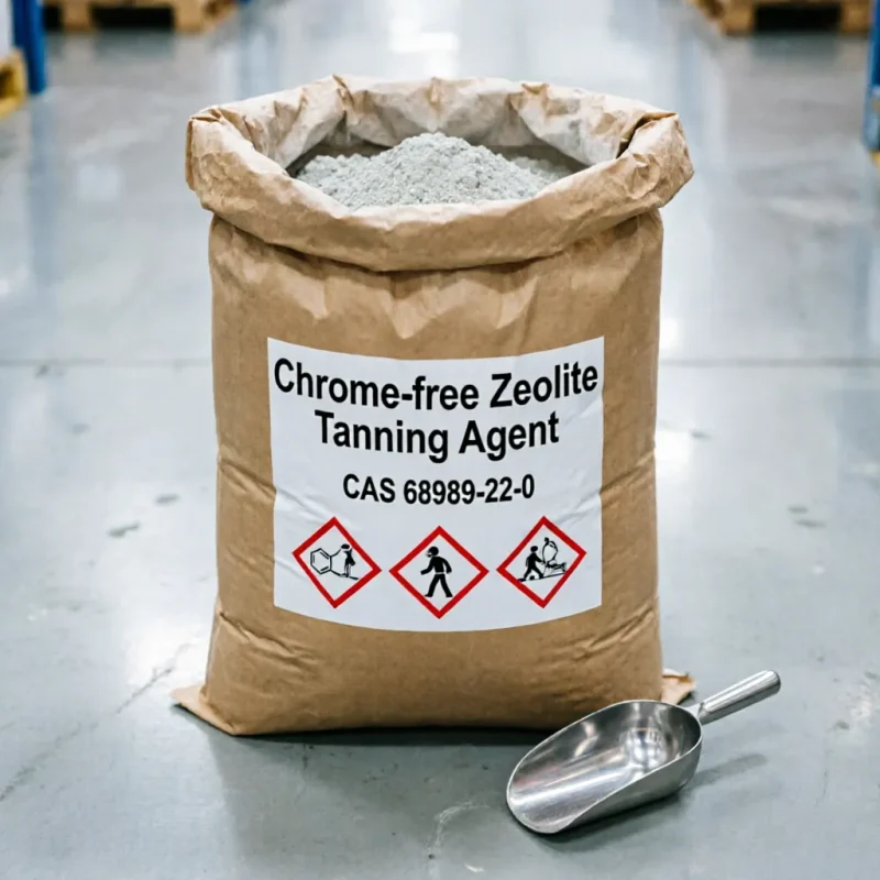 chrome-free-zeolite-tanning-agent-25kg-bag A 25kg kraft paper bag of Chrome-free Zeolite Tanning Agent (CAS 68989-22-0) with an open top, revealing its fine powder inside. The front label carries GHS safety pictograms for secure handling, with a metal scoop resting on the floor beside it, ready for sampling.