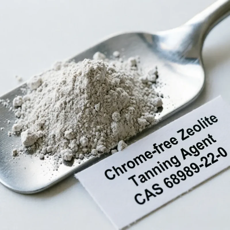 chrome-free-zeolite-tanning-agent-powder-sample A close-up of the Chrome-free Zeolite Tanning Agent (CAS 68989-22-0), showing the greyish-white powder on a stainless steel scoop. The product label sits right next to it, clearly stating its chrome-free nature, a key requirement for sustainable leather manufacturing today.