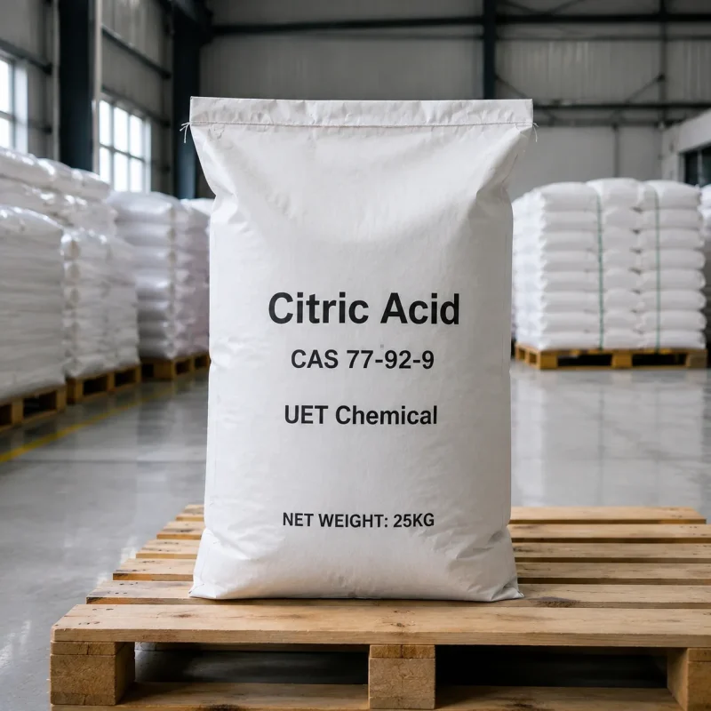citric-acid-anhydrous-25kg-bag-warehouse-pallet-cas-77-92-9 25kg white bag of citric acid anhydrous CAS 77-92-9 by UET Chemical on pallet with bulk warehouse stock