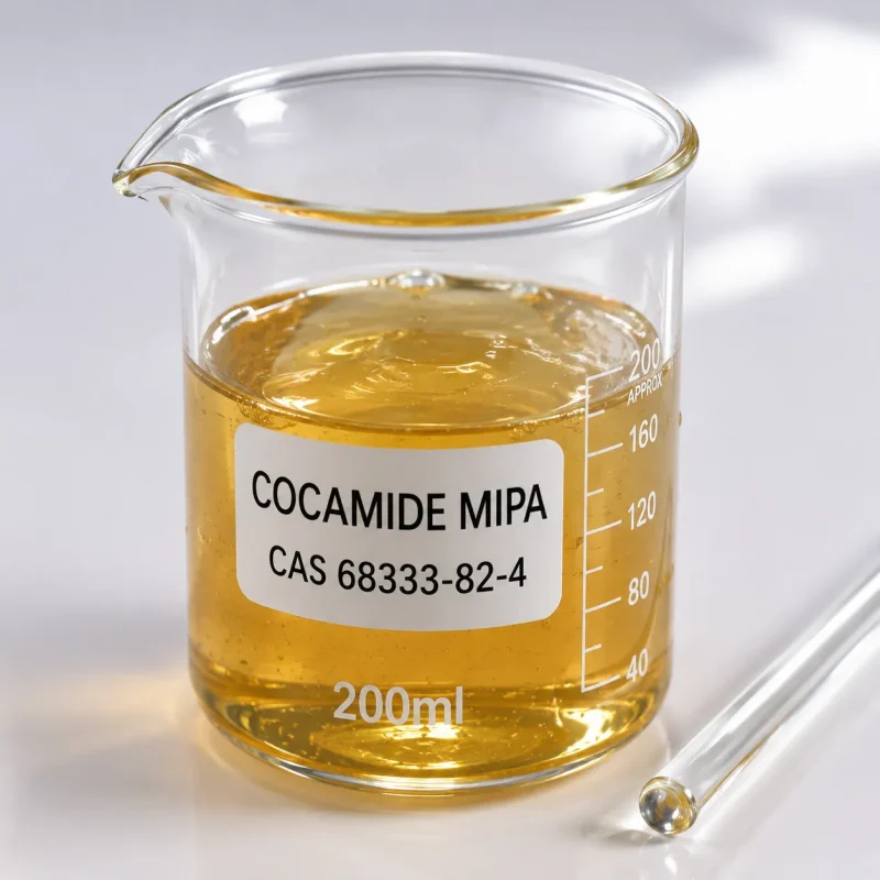 cocamide-mipa-cas-68333-82-4-liquid-detail Amber viscous liquid Cocamide MIPA CAS 68333-82-4 sample in a 200ml glass beaker