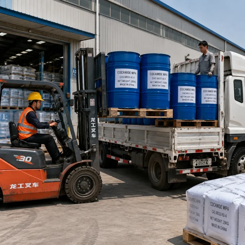cocamide-mipa-cas-68333-82-4-shipping-loading Forklift loading Cocamide MIPA CAS 68333-82-4 drums onto truck for export shipment from China