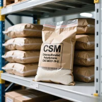 csm-chlorosulfonated-polyethylene-25kg-bag-cas-68037-39-8 Clear label on a sample bag of Chlorosulfonated Polyethylene (CSM) CAS 68037-39-8, showing white granules used as a high-performance synthetic rubber raw material for hoses and cables.