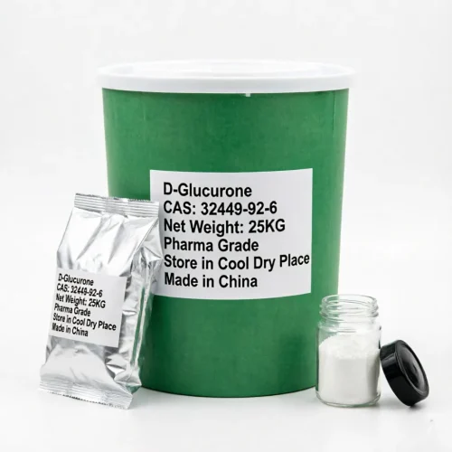 d-glucurone-cas-32449-92-6-25kg-drum-foil-bag-pharma-grade-packaging D-Glucurone CAS 32449-92-6 Pharma Grade 25kg fiber drum with foil sample bags and glass jar, indicating bulk and small-quantity flexible packaging solutions.