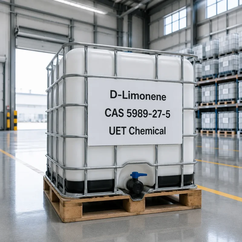 d-limonene-cas-5989-27-5-white-ibc-tote-in-warehouse White IBC tote of D-Limonene CAS 5989-27-5 on a wooden pallet inside a warehouse, labeled with UET Chemical branding and CAS number, ready for bulk shipment.