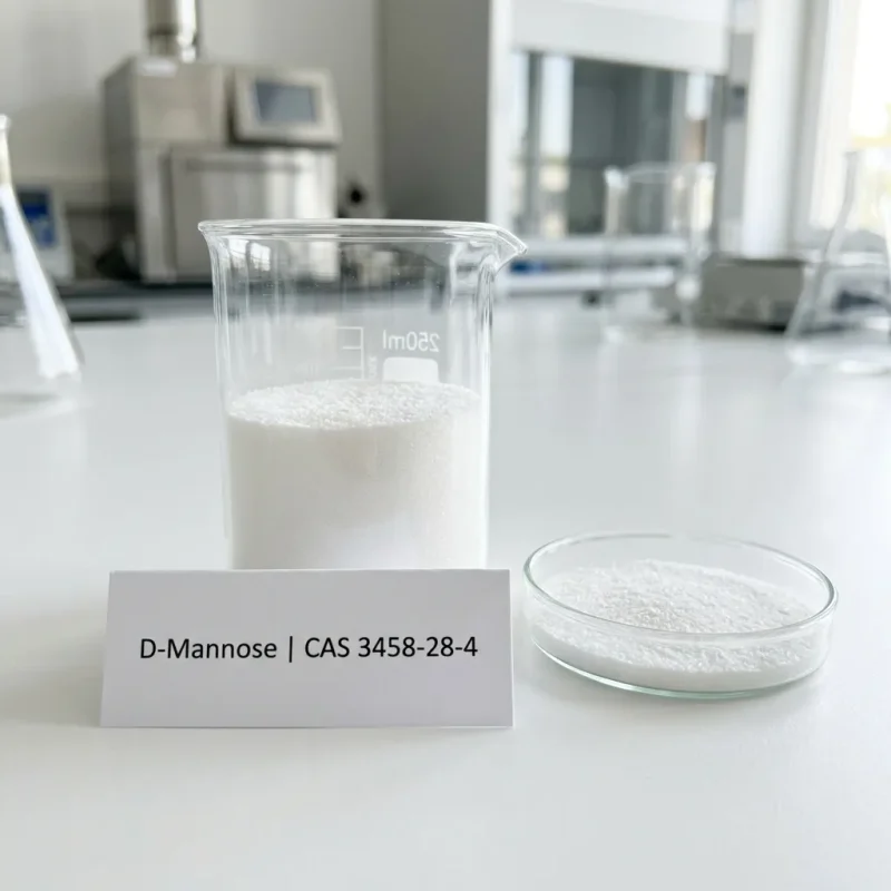 d-mannose-cas-3458-28-4-white-powder-beaker White crystalline D-Mannose powder CAS 3458-28-4 in glass beaker and petri dish in laboratory