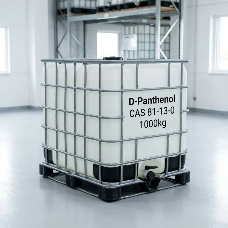 d-panthenol-cas-81-13-0-1000kg-ibc-tote D-Panthenol (CAS 81-13-0) 1000kg IBC tote bulk liquid packaging in UET Chemical warehouse