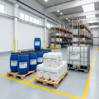 d-panthenol-cas-81-13-0-drum-jerrycan-ibc-tote-packaging D-Panthenol (CAS 81-13-0) liquid in blue drums, white jerrycans and 1000kg IBC tote at UET Chemical warehouse