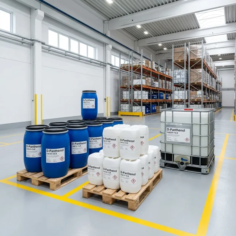 d-panthenol-cas-81-13-0-drum-jerrycan-ibc-tote-packaging D-Panthenol (CAS 81-13-0) liquid in blue drums, white jerrycans and 1000kg IBC tote at UET Chemical warehouse
