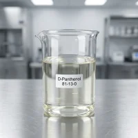 d-panthenol-cas-81-13-0-viscous-liquid-sample D-Panthenol (CAS 81-13-0) clear slightly yellow viscous liquid sample in laboratory beaker