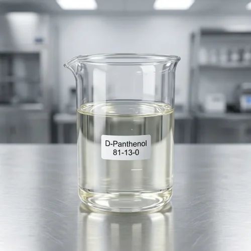 D-Panthenol (CAS 81-13-0) clear slightly yellow viscous liquid sample in laboratory beaker