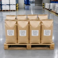 d-tartaric-acid-25kg-paper-bag-pallet-warehouse Eight brown paper bags (Net 25 kg each) of D-Tartaric Acid (CAS 147-71-7) stacked on wooden pallet in warehouse, all labeled UET Chemical, bulk packaging for food additive and pharmaceutical applications