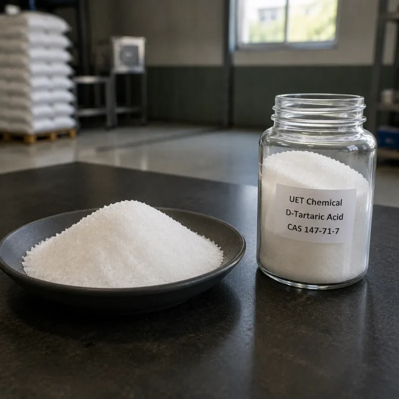 d-tartaric-acid-white-crystal-powder-sample-metal-dish White crystalline powder of D-Tartaric Acid (CAS 147-71-7) displayed in stainless steel dish beside clear glass reagent bottle on dark lab surface, labeled UET Chemical, sample for purity and physical property verification