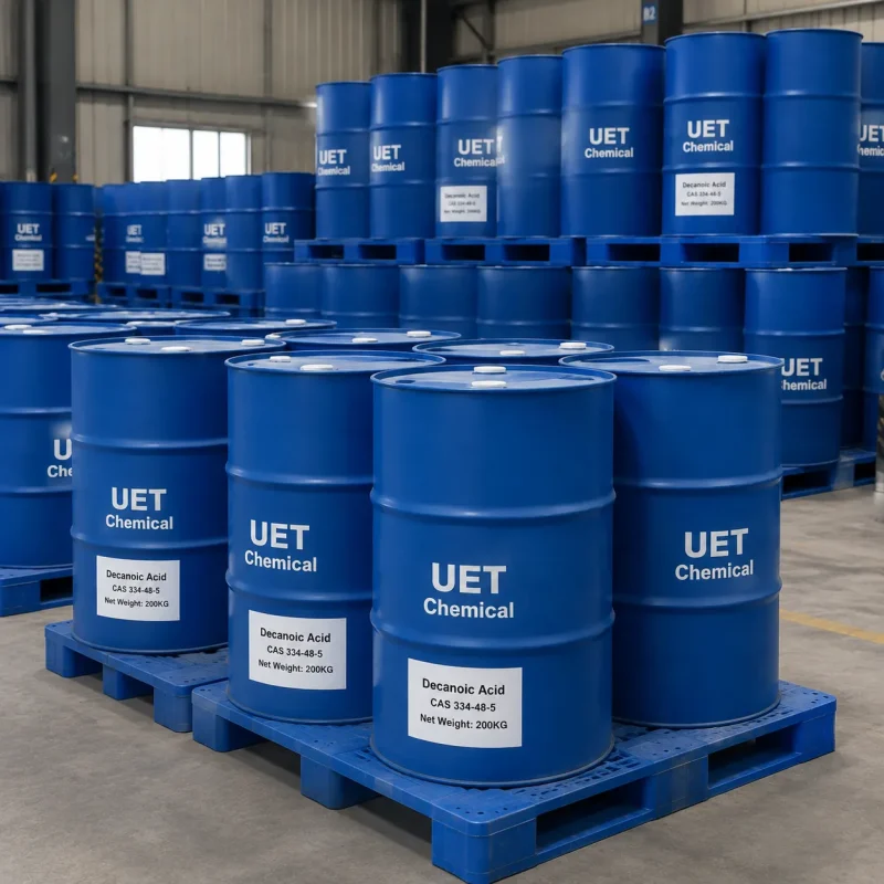 decanoic-acid-capric-acid-200kg-steel-drums-cas-334-48-5 Blue steel drums of decanoic acid (capric acid) CAS 334-48-5, 200kg net weight each, stacked in UET Chemical warehouse