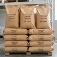decanoic-acid-capric-acid-25kg-kraft-paper-bags-pallet-cas-334-48-5 Stacked 25kg kraft paper bags of decanoic acid capric acid CAS 334-48-5 by UET Chemical on warehouse pallet
