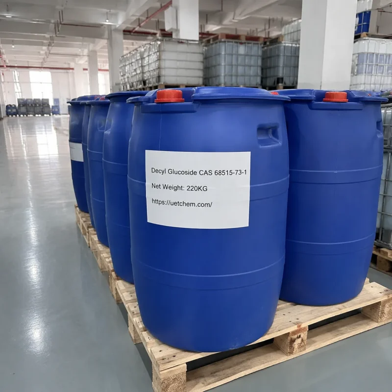 decyl-glucoside-cas-68515-73-1-220kg-plastic-drums-warehouse 220 kg blue plastic drums of Decyl Glucoside (CAS 68515-73-1) lined up on pallets in UET Chemical warehouse
