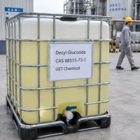decyl-glucoside-cas-68515-73-1-ibc-tote-plant IBC tote of Decyl Glucoside (CAS 68515-73-1) alkyl polyglucoside at UET Chemical production plant, worker walking by