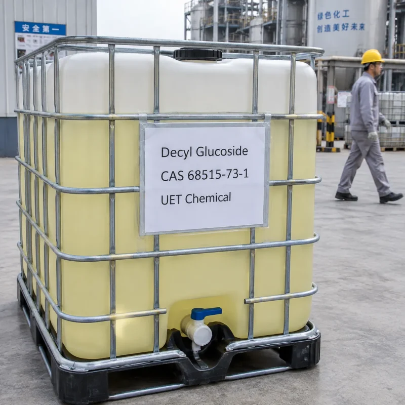 decyl-glucoside-cas-68515-73-1-ibc-tote-plant IBC tote of Decyl Glucoside (CAS 68515-73-1) alkyl polyglucoside at UET Chemical production plant, worker walking by