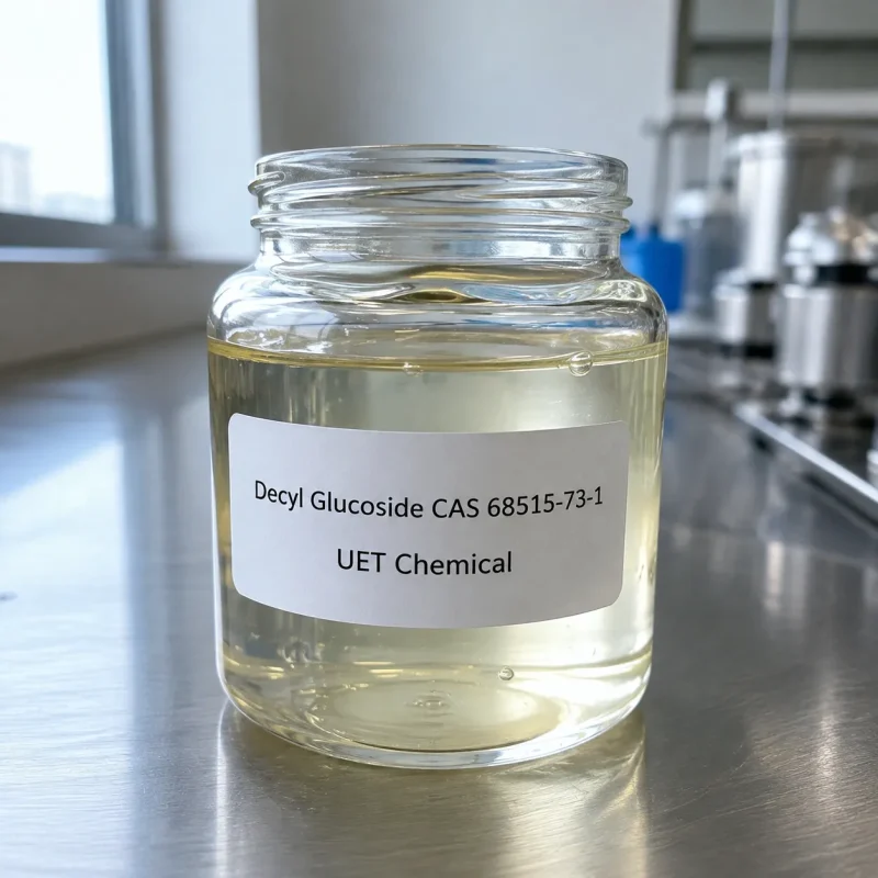 decyl-glucoside-cas-68515-73-1-pale-yellow-liquid-sample Pale yellow transparent Decyl Glucoside (CAS 68515-73-1) mild non-ionic surfactant in a glass jar at UET Chemical lab