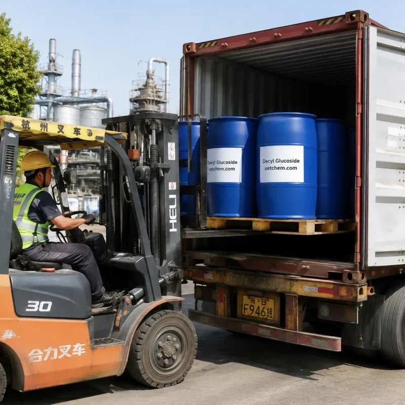 decyl-glucoside-cas-68515-73-1-plastic-drums-container-loading Forklift loading blue plastic drums of Decyl Glucoside (CAS 68515-73-1) into a container for export at UET plant